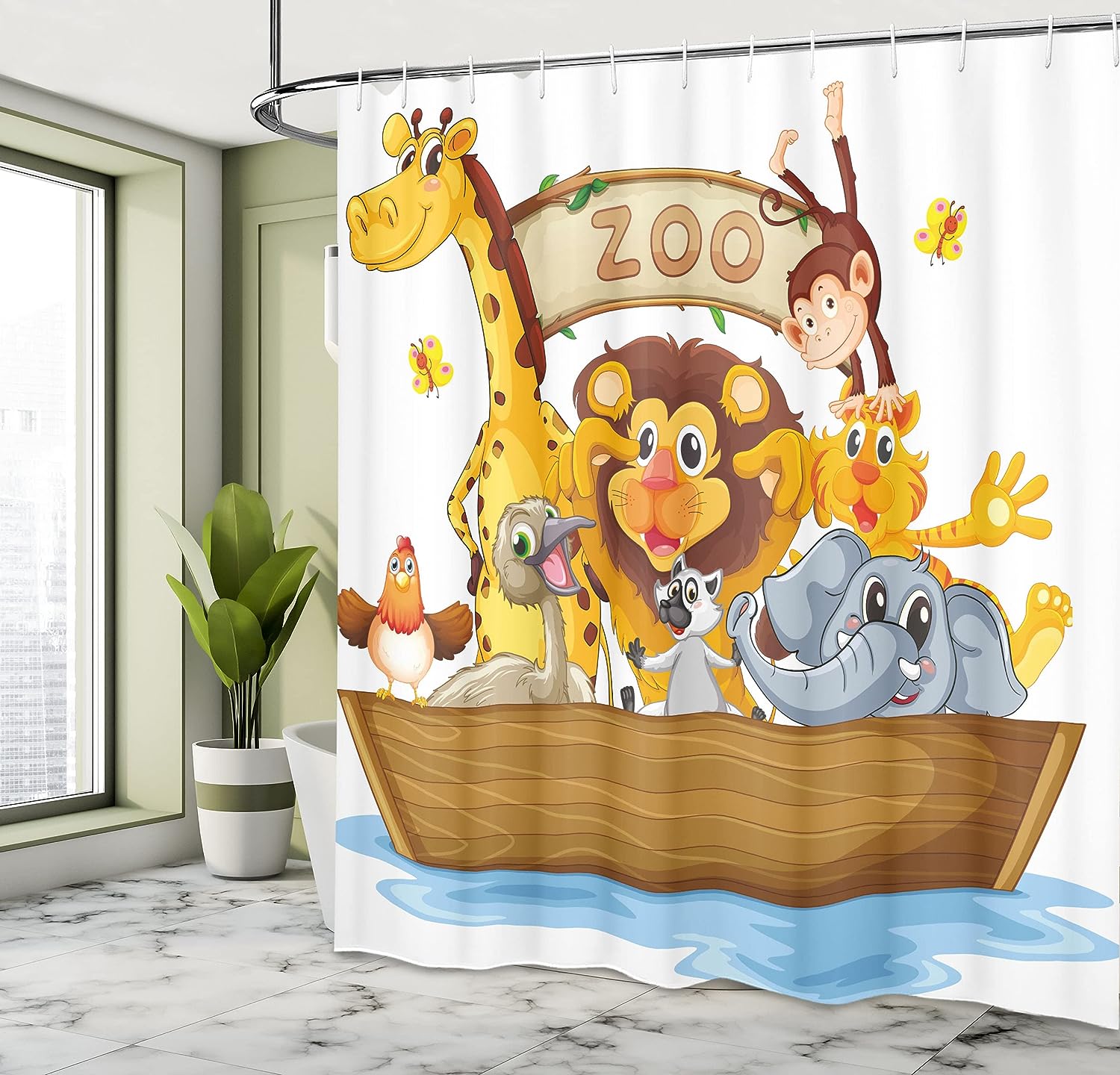 Boat Animals Cartoon Shower Curtain, Zoo Theme Lion Giraffe Monkey Print in Multicolor Bathroom Decor