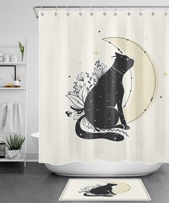 Bohemian Black Cat Shower Curtain for Bathroom Decor 