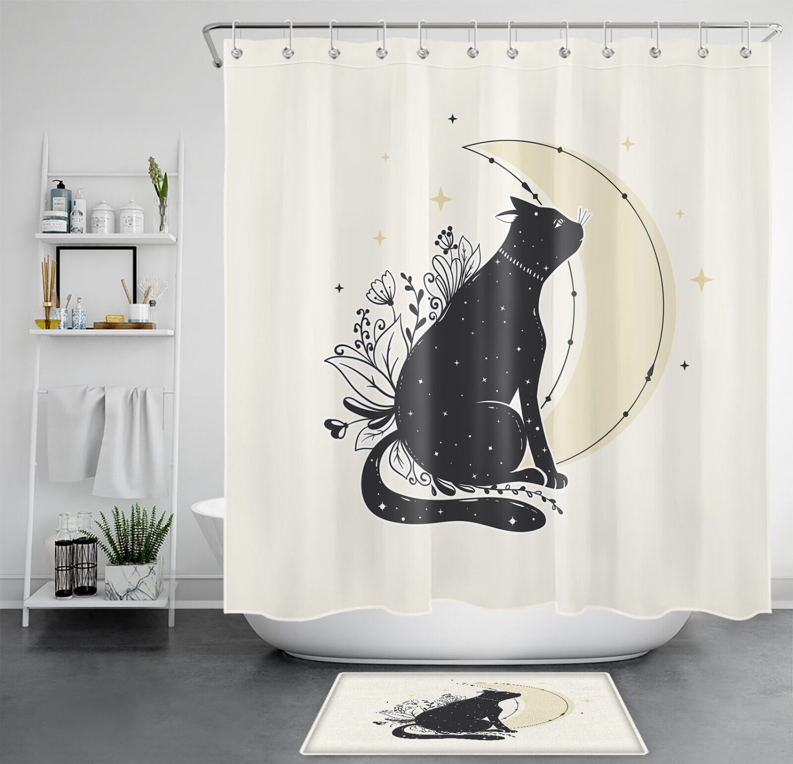 Bohemian Black Cat Shower Curtain for Bathroom Decor