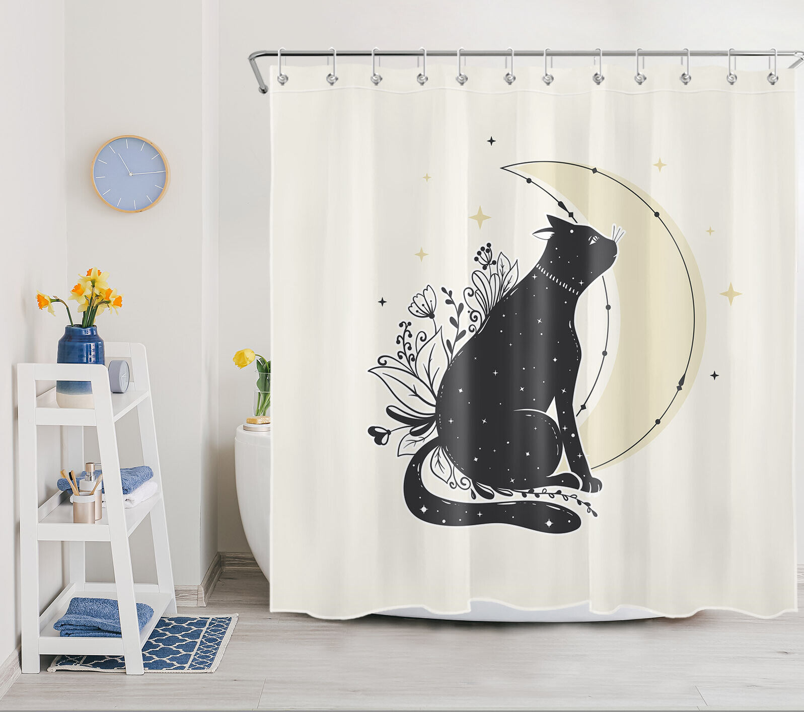 Bohemian Black Cat Shower Curtain for Bathroom Decor