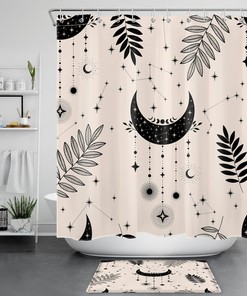 Bohemian Black Leaf Constellation Moon Shower Curtain for Nature-Themed Bathroom Decor