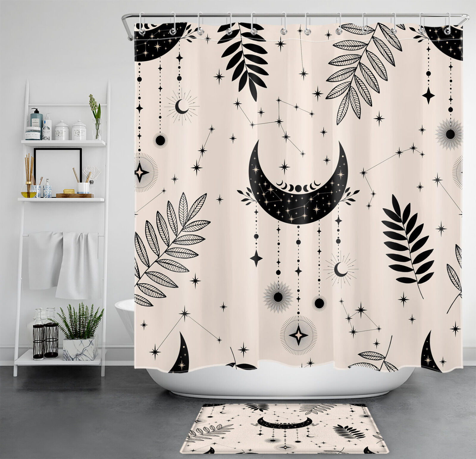 Bohemian Black Leaf Constellation Moon Shower Curtain for Nature-Themed Bathroom Decor