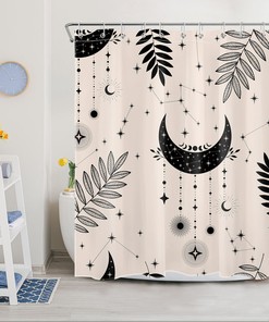 Bohemian Black Leaf Constellation Moon Shower Curtain for Nature-Themed Bathroom Decor
