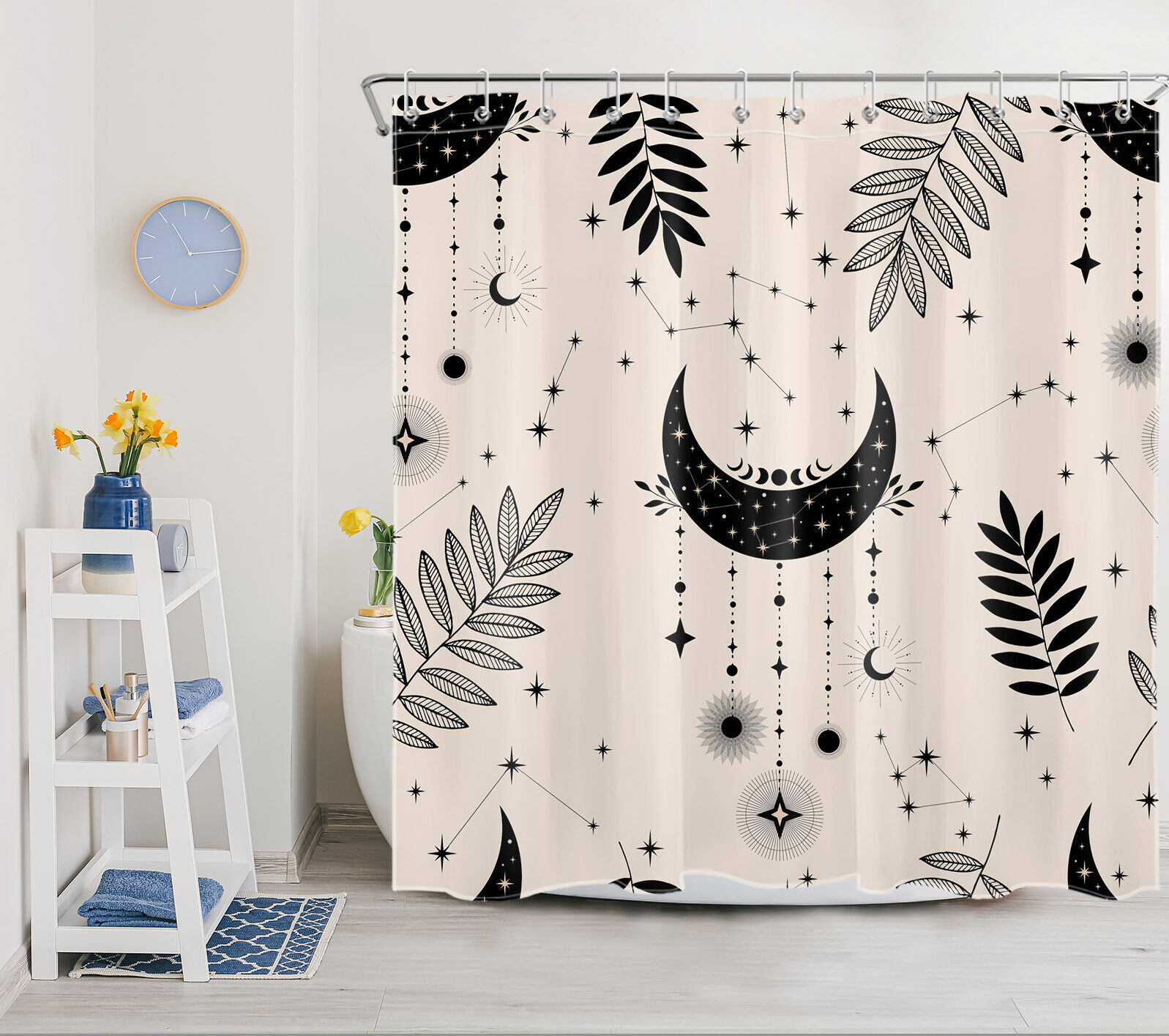 Bohemian Black Leaf Constellation Moon Shower Curtain for Nature-Themed Bathroom Decor