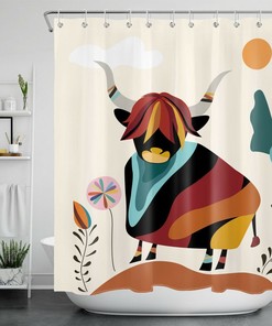 Bohemian Highland Cow Shower Curtain with Abstract Artwork