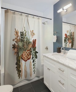 Bohemian Jungle Leaves and Macrame Shower Curtain for Bathroom Decor 