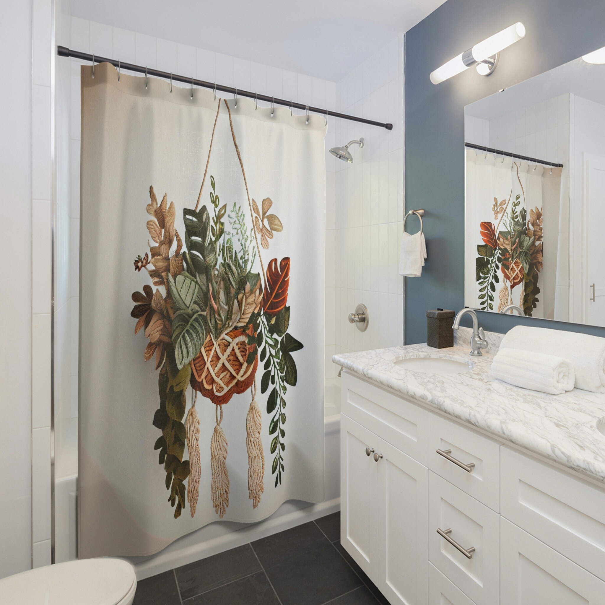 Bohemian Jungle Leaves and Macrame Shower Curtain for Bathroom Decor