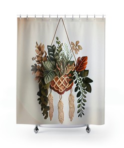 Bohemian Jungle Leaves and Macrame Shower Curtain for Bathroom Decor