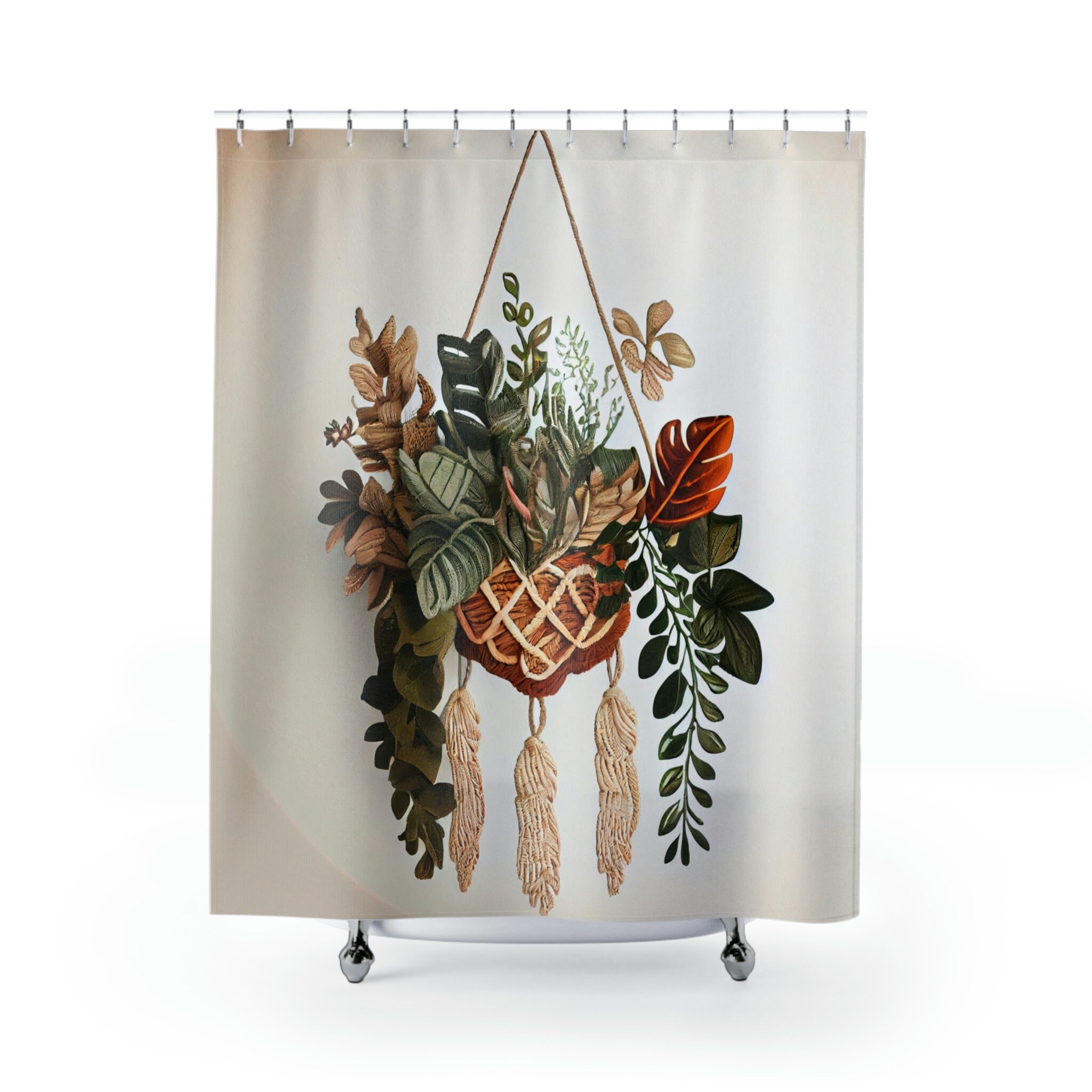 Bohemian Jungle Leaves and Macrame Shower Curtain for Bathroom Decor