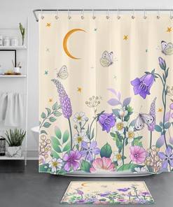 Bohemian Moon, Stars, and Butterflies Shower Curtain for Bathroom Decor 