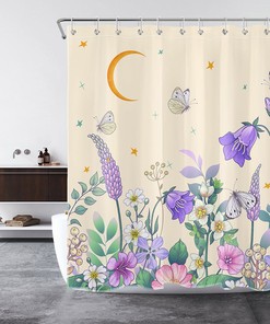 Bohemian Moon, Stars, and Butterflies Shower Curtain for Bathroom Decor