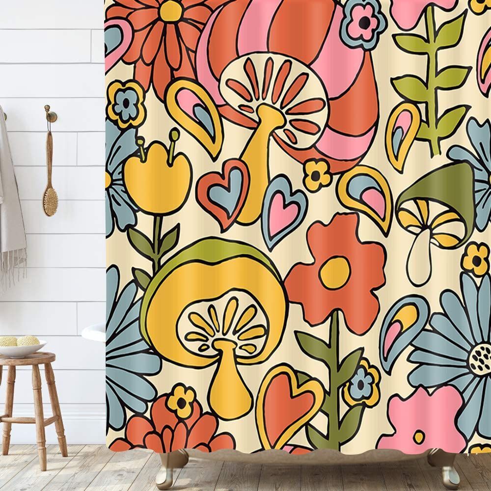 Bohemian Mushroom Flower Waterproof Fabric Shower Curtain for Bath Decor