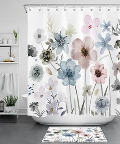 Bohemian Watercolor Botanical Shower Curtain for Bathroom Decor 