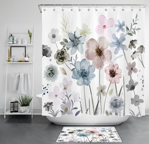 Bohemian Watercolor Botanical Shower Curtain for Bathroom Decor