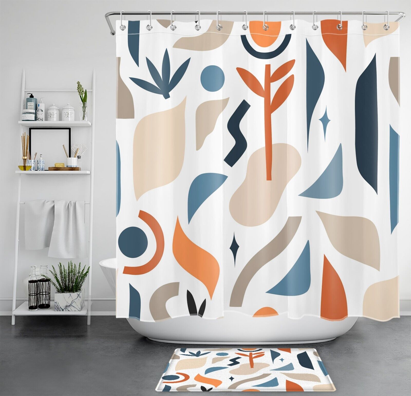 Boho Abstract Geometric Plant and Flower Bathroom Shower Curtain