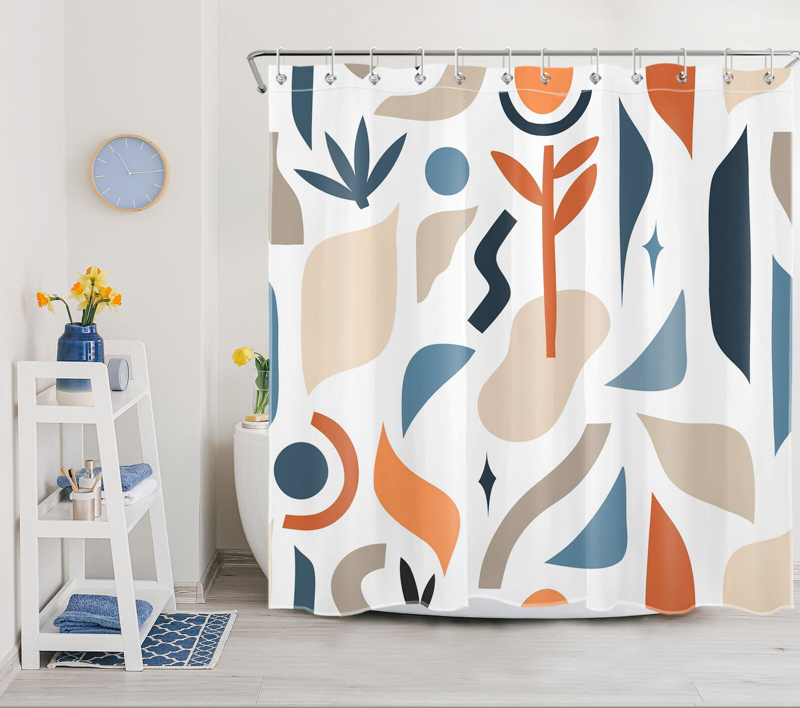 Boho Abstract Geometric Plant and Flower Bathroom Shower Curtain