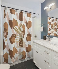 Boho Abstract Shower Curtain, Terracotta Brown and Beige Floral Design, Minimalist Bathroom Decor