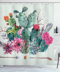 Boho Cactus Shower Curtain, Thorny Plants Blossoms Arrows Feathers Print in Teal Pink Bathroom Decor