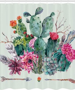 Boho Cactus Shower Curtain, Thorny Plants Blossoms Arrows Feathers Print in Teal Pink Bathroom Decor