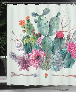 Boho Cactus Shower Curtain, Thorny Plants Blossoms Arrows Feathers Print in Teal Pink Bathroom Decor