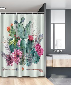 Boho Cactus Stall Shower Curtain, Bouquet of Thorny Plants Blossoms Arrows Feathers Print in Teal Pink, Fabric Bathroom Decor 
