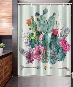 Boho Cactus Stall Shower Curtain, Bouquet of Thorny Plants Blossoms Arrows Feathers Print in Teal Pink, Fabric Bathroom Decor