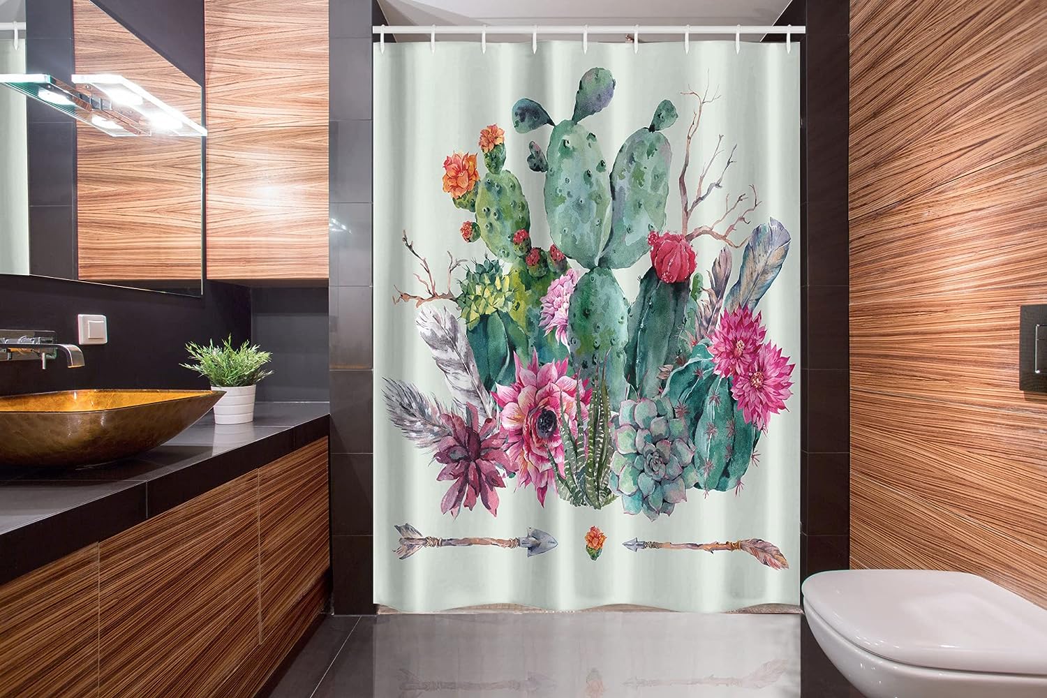 Boho Cactus Stall Shower Curtain, Bouquet of Thorny Plants Blossoms Arrows Feathers Print in Teal Pink, Fabric Bathroom Decor