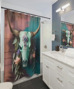Boho Cow Skull Shower Curtain, Intricate Pink and Blue Design, Bathroom Refresh Gifts