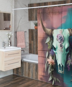 Boho Cow Skull Shower Curtain, Intricate Pink and Blue Design, Bathroom Refresh Gifts