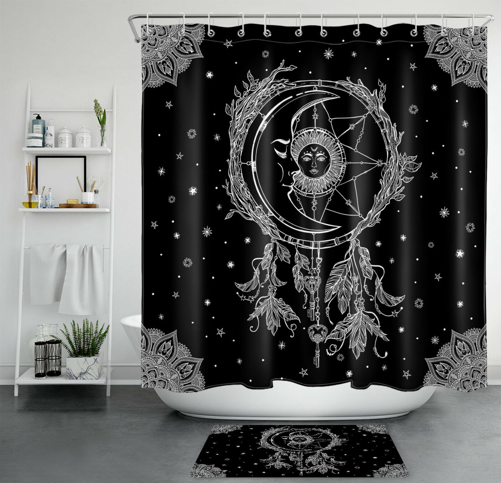 Boho Dream Catcher Shower Curtain - Black and White Stars Space Bathroom Decor