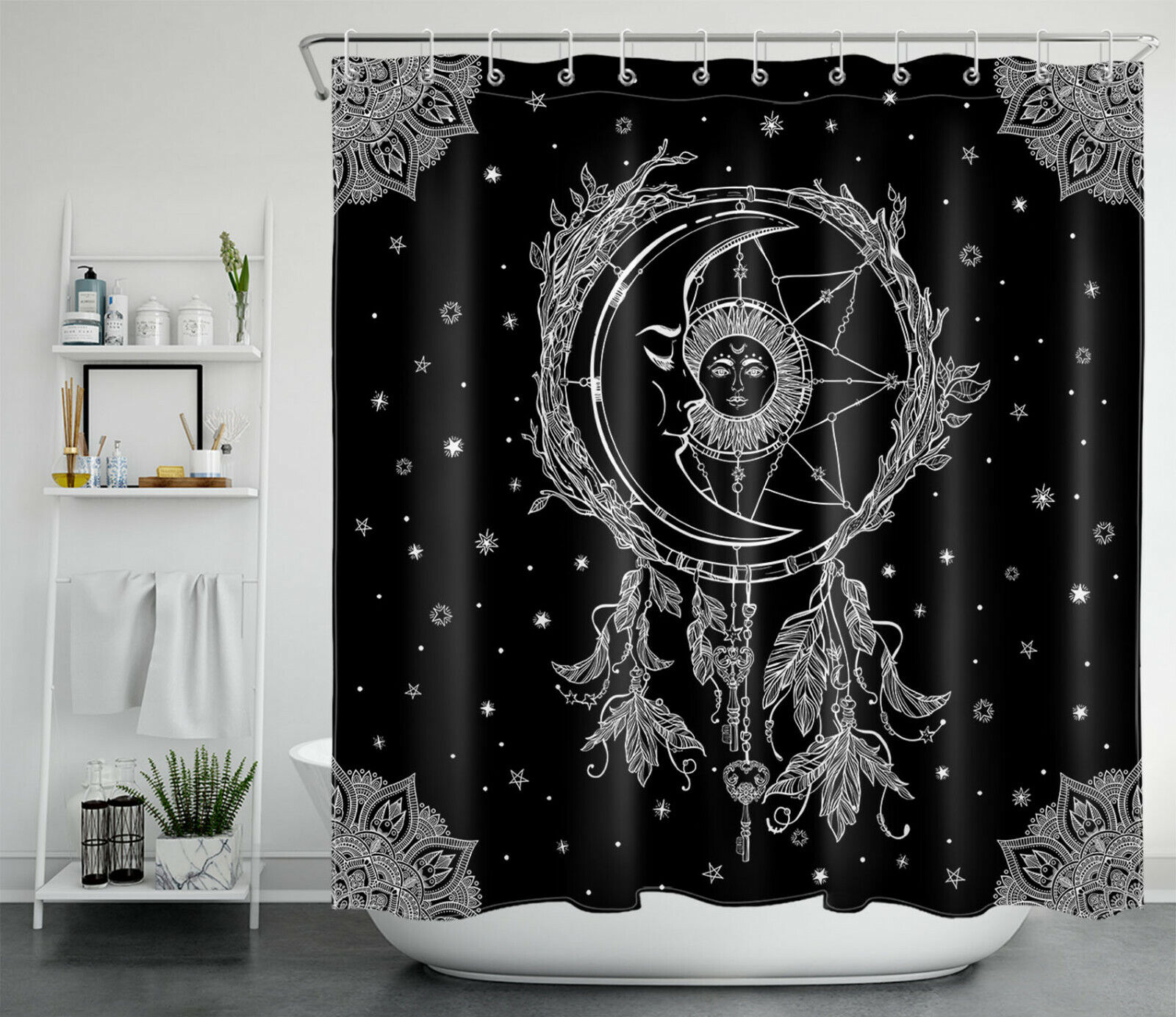 Boho Dream Catcher Shower Curtain - Black and White Stars Space Bathroom Decor