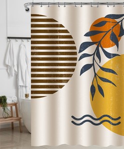Boho Geometric Leaves Shower Curtain with Mid Century Aesthetic