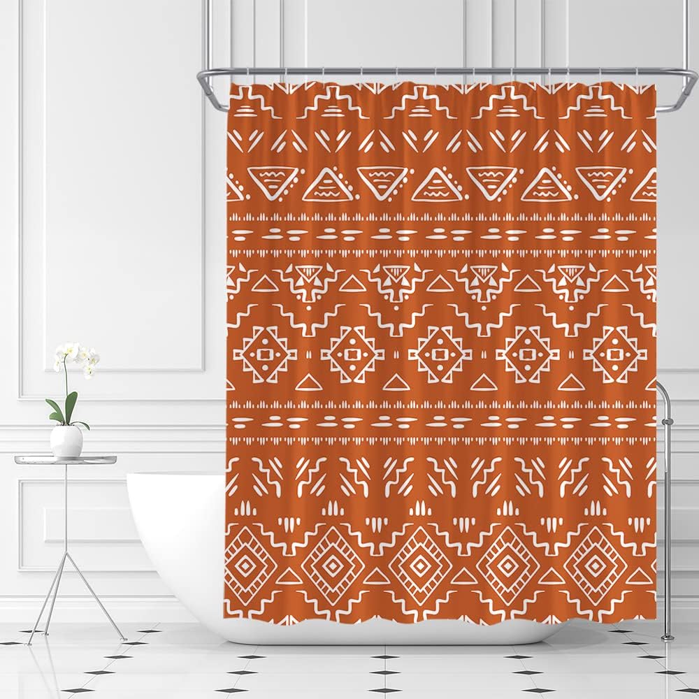 Boho Geometric Shower Curtain with Orange Modern Farmhouse Tribal Retro Western Aztec Abstract Mid Century Art Fabric