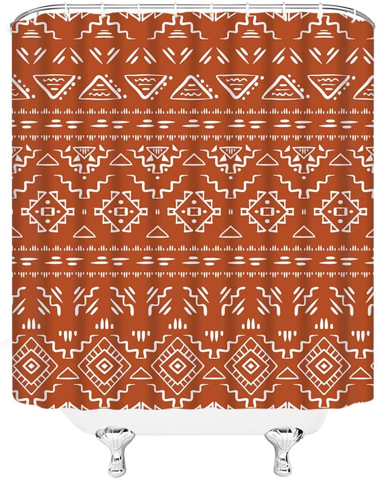 Boho Geometric Shower Curtain with Orange Modern Farmhouse Tribal Retro Western Aztec Abstract Mid Century Art Fabric