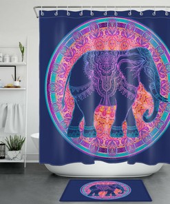 Boho Mandala Elephant Wild Animals Navy Blue Shower Curtain - Bathroom Decor with Wildlife Theme