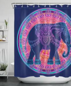 Boho Mandala Elephant Wild Animals Navy Blue Shower Curtain - Bathroom Decor with Wildlife Theme