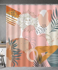 Boho Minimalist Sun Moon Shower Curtain - Abstract Bathroom Decor with Plant Leaves Pattern 