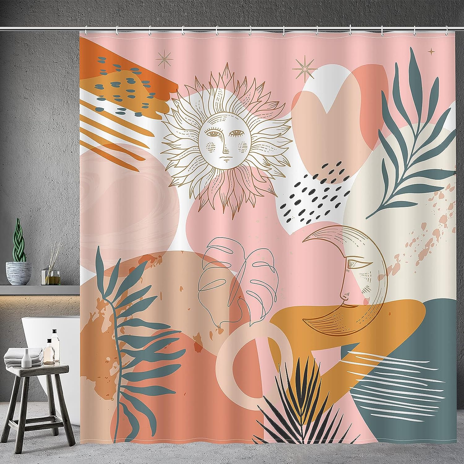 Boho Minimalist Sun Moon Shower Curtain - Abstract Bathroom Decor with Plant Leaves Pattern