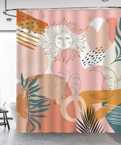 Boho Minimalist Sun Moon Shower Curtain - Abstract Bathroom Decor with Plant Leaves Pattern