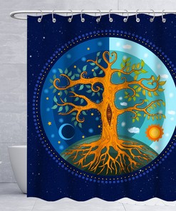 Boho Moon Shower Curtain with Blue Tree of Life and Gold Star - Bohemian and Bathroom Decor