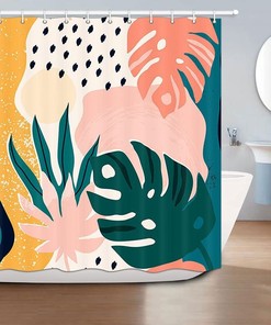 Boho Pink Green Abstract Leaves Fabric Shower Curtain for Feminine Bathroom Decor