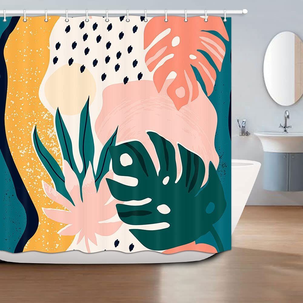 Boho Pink Green Abstract Leaves Fabric Shower Curtain for Feminine Bathroom Decor