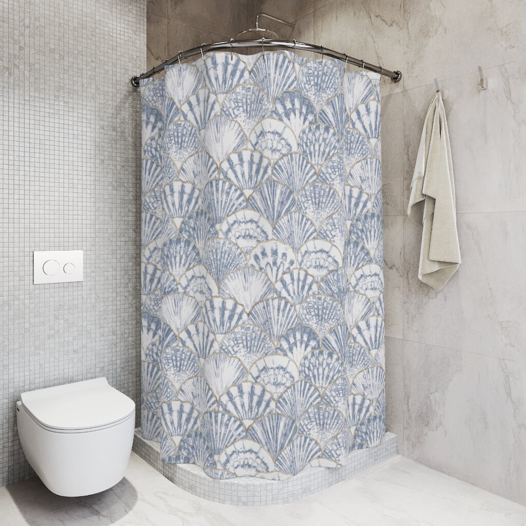 Boho Sea Shell Patterned Fabric Shower Curtain - Blue Print for Bathroom