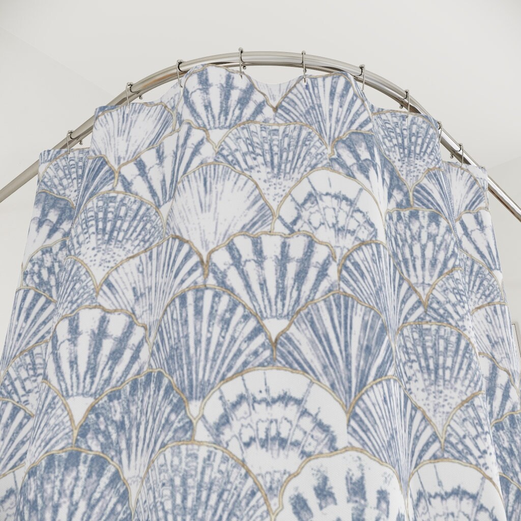 Boho Sea Shell Patterned Fabric Shower Curtain - Blue Print for Bathroom