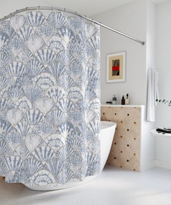 Boho Sea Shell Patterned Fabric Shower Curtain - Blue Print for Bathroom