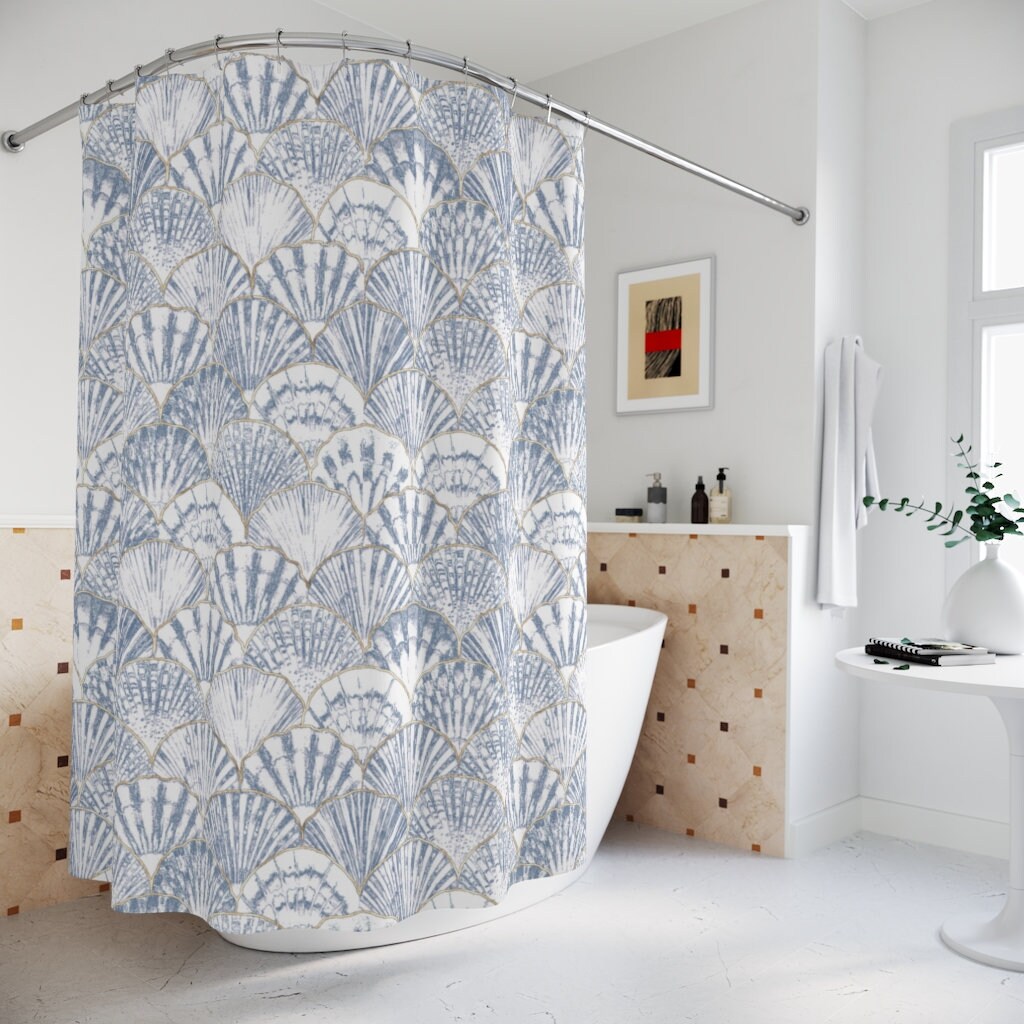 Boho Sea Shell Patterned Fabric Shower Curtain - Blue Print for Bathroom