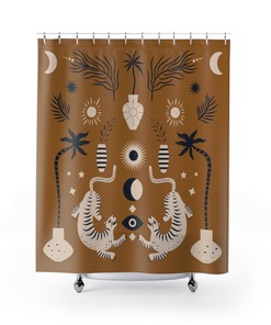 Boho Shower Curtain with Bengal Tiger and Tropical Leaves - Bohemian Bathroom Decor