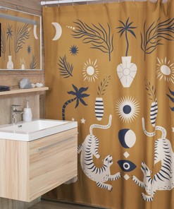 Boho Shower Curtain with Bengal Tiger and Tropical Leaves - Bohemian Bathroom Decor