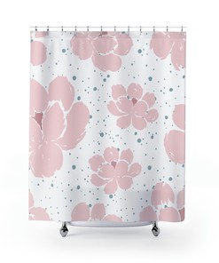 Boho Shower Curtain with Pink Floral Pattern in Botanical Style