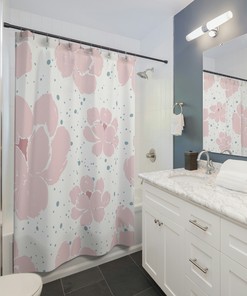 Boho Shower Curtain with Pink Floral Pattern in Botanical Style